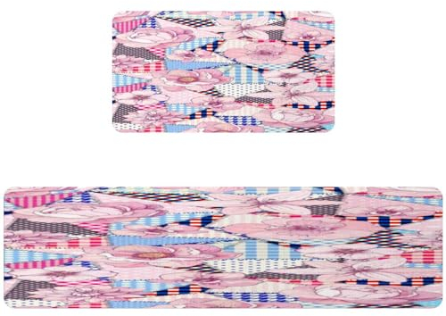 Luoweisi Küchenteppich, Blumenmuster, Patchwork, Plaid, 2-teilig, rutschfest, saugfähig und ölbeständig, waschbar, Küchen-Bodenmatte für Wäsche, Schlafzimmer, Badezimmer, 40 x 75 cm + 40 x 150 cm