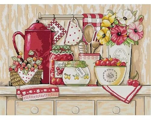 Kit Punto de Cruz Principiantes Cocina 11CT con Patrón Impreso 40cmX50cm Completo con Hilos, Agujas y Tela - Arte de Bordado para Principiantes y Expertos - Ideal para Decoración del Hogar y Re