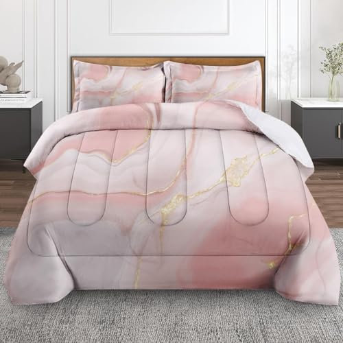 Culudea Marble Rose Gold Comforter Set Full Size, Granite Baby Golden Soft Bedding Set with 2 Pillowcases for Girls Teens Kids Boys Adults Bedroom Bed Decor,1 Quilt 2 Pillow Cases