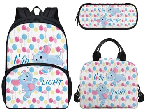 Pzuqiu 43,2 cm Schulrucksack für Kinder, Schultasche mit Lunchbox und Federmäppchen, tragbarer Kinderrucksack, 3-teiliges Set, Ballon-Elefant