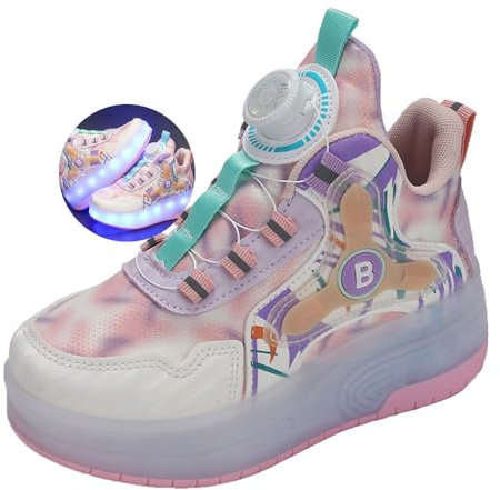 ENEN Scarpe con Ruote per Ragazzi Ragazze, Scarpe con 2 Rotelle Pattini LED Luce - Pattini A Rotelle 2 in 1 Multifunzionali A 2 Ruote per Bambini Ragazze Giovani Adulti Rosa 30 EU