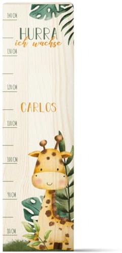 GRAVURZEILE Messlatte für Kinder aus Holz - Waldtiere Safari - mit Namen für Kinderzimmer - Skala misst 80-140 cm - Größe 20 x 70 x 2 cm - Geschenk zur Geburt für Mädchen & Jungen - Giraffe