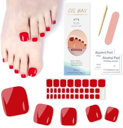 Ceboic 32 Stück Selbstklebend Fußnagel Sticker, Pure Farbe Nagelfolie UV Härtend Vollabdeckung Zehennagellack Aufkleber, Gel Nail Wraps Nagelsticker Geschenke für Frauen Mädchen (Rot)