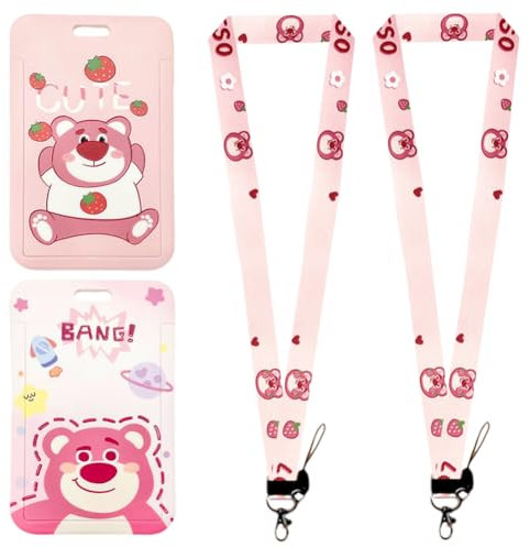 2 PCS Porte Badge avec Cordon Ours Anime Lanyard Ours Porte Badge d'identification avec Cordon Tour de Cou, Pour Clés, Carte d'étudiants, Carte Bus