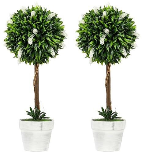 HOMCOM Set of 2 Decorative Artificial Plants Ball Trees with Lavender Flowers in Pot Fake Plants for Home Indoor Outdoor Decor, 60cm, White