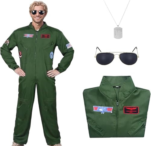 HarnyLoom Men Fighter Jet Pilot Costume Aviator Fancy Dress Up Outfit for Adult Christmas Carnival Halloween Party Cosplay (M)