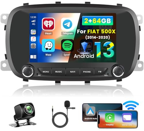 Inefala 7 Pollici Autoradio Android per Fiat 500X 2014-2020 2 DIN Schermo (2+64GB) con Wireless CarPlay Android Auto FM RDS GPS Bluetooth WiFi Comandi al Volante Telecamera Posteriore