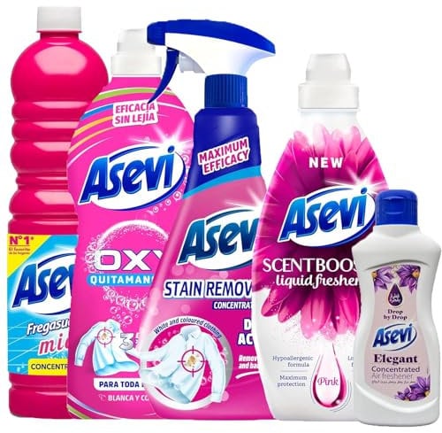 Asevi Bundle Spanish Cleaning Products Home Room Air & Clothes Fabric OXY Stain Remover Freshener Softener Laundry Scent Booster Pink Mio Floor Surface Limescale Mould Mildew Cleaner