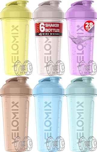VELOMIX - Lot de 6 gobelets shaker pour boissons protéinées de 800 ml – 6 fouets métalliques | Bouteille shaker anti-fuite pour boissons protéinées, lot de bouteilles shaker pour pré-et après