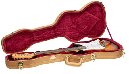 Crossrock konturierten hölzernen E-Gitarrenkoffer für Stratocaster & Telecaster | Luxus Gold gefälschtes Leder, Burgunder Samt Interieur, Schloss - Designer-Serie - Luxus-Gold (CRW520STLG)