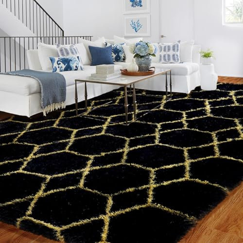 BYBSRLL Hochflor Teppich Schwarz und Gold Teppiche Wohnzimmer 150x210 Antirutsch Waschbare Große Weich Flauschig Schlafzimmer Teppich Kinderzimmer Mädchen Jungen, Langflor Bettvorleger