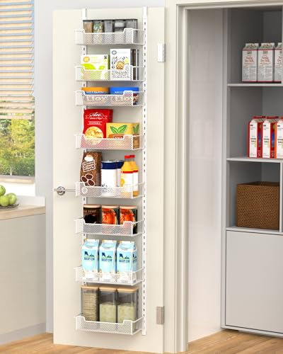 VyGrow 12.3 W Over Door Storage, 8-Tier Narrow Over the Door Pantry Organizer with Adjustable Basket, Pantry Kitchen Storage Room Spice Rack, White