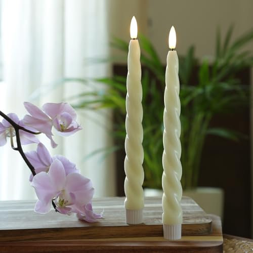 LED Stabkerzen Twist Tafelkerzen Dinnerkerzen aus Echtwachs Spitzkerzen in gedrehter Form mit flackernder 3D Flamme H: 25cm (creme)