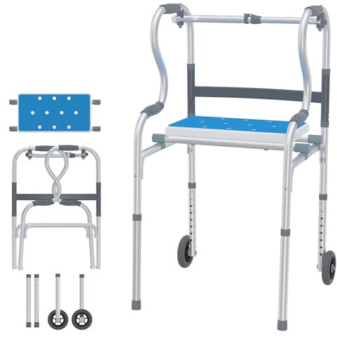 SUBTLETY Aluminium Gehrahmen Faltbare Gehhilfe für Senioren Rollatoren mit 2 Lenkrollen & Abnehmbarem Sitz 76-94cm Höhenverstellbar Laufhilfe Gehgestell Belast bis 180KG Mobilitätshilfen Tragstuhl