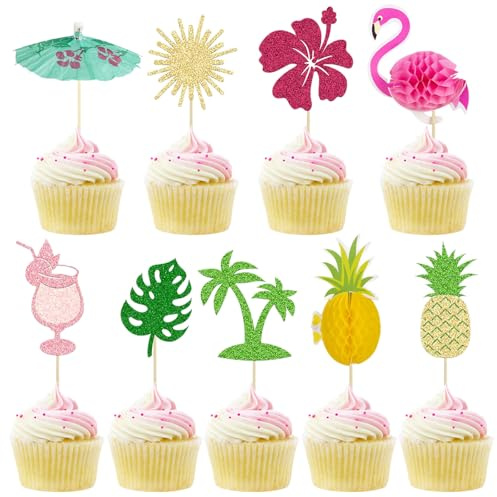 Cocktailspieße Flamingo, 18 Stück Cocktail Party Dekorationen, Cupcake Deko Hawaii, Schirmchen, Ananas, Blätter, Geburtstag Kuchendeko für Obstkuchen Dessert Geburtstag Party