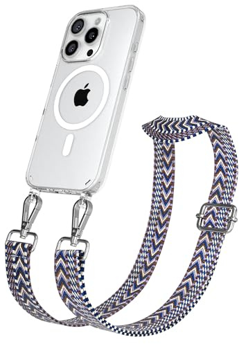 EAZY CASE Handykette - Verstellbares Taschenband kompatibel mit iPhone 16 Pro, Schulterriemen, Handykordel mit Silikon Hülle, Qi Charging kompatibel, Umhängetasche, Blau Weiß Silber