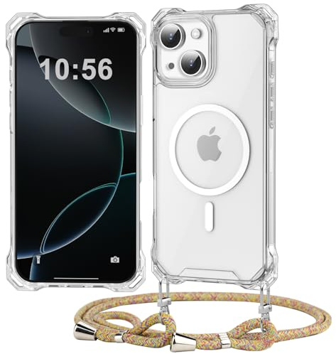 Ciciber Ttusy Handykette Hülle für iPhone 13 /iPhone 14 mit Band, Transparente Blumen Magnetisch Handyhülle [Kompatibel mit Magsafe] mit Kordel zum Umhängen Necklace Hülle für iPhone 13/14,Regenbogen