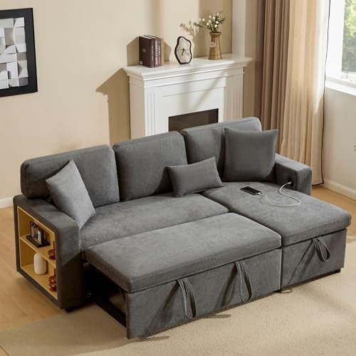 Zubaliya Canapé d'angle Convertible avec Port de Chargement USB et Coussins,canapé Convertible 3 Places avec étagères latérales et Espace de Rangement,Tissu Oxford (Gris foncé)