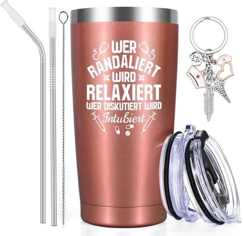 Livole Krankenschwester Geschenke Weihnachten, Schlüsselanhänger Krankenschwester Tasse Ärztinnen Ärztin Frauen Sie - Wer Randaliert wird Relaxiert wer Diskutiert wird Intubiert - 600ml Thermobecher