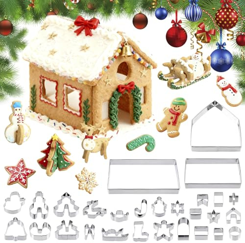Ideal Swan 28 Stück Ausstechformen Weihnachten Lebkuchenhaus Ausstecher Set | Plätzchen Ausstecher Weihnachten Edelstahl, Keksausstecher Weihnachten zum Backen, Weihnachtsbaum, Schneeflocke, Zuckerstange