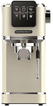 Hamilton Beach Espresso Coffee Machine, BaristaPro 5-in-1, Compact Stainless Steel, LCD Touch Screen Control, Steam Milk Frother, 20-Bar Pressure & Fast Heat, Hot & Iced Coffee, Cream - HBC5210C