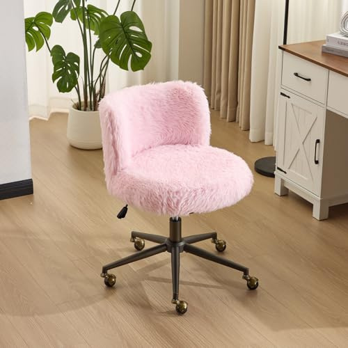 Bonnlo Chaise de Bureau Esthétique sans Accoudoirs, Petite Chaise Confortable, Fauteuil de Coiffeuse avec Support Lombaire, Chaise Pivotante pour Bureau, Chambre, en Fourrure de Lapin (Rose-Peluche)