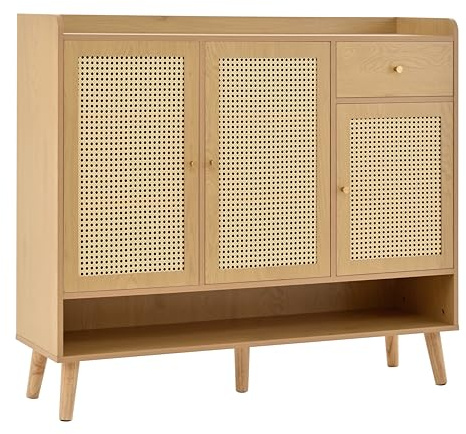Merax Rattan Sideboard Kommode mit 3 Rattantüren&1 Schublade, Sideboard Holz Küchenschrank Buffet mit Metallgriffen, Natural/120x35x106cm