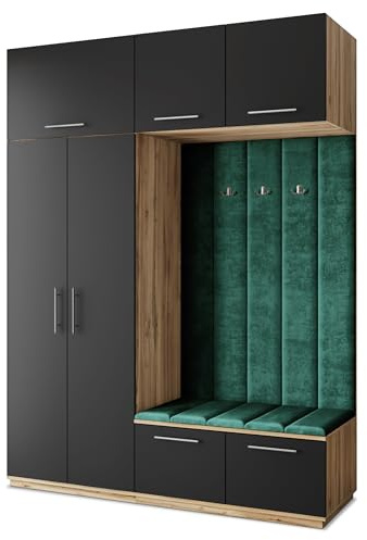 Masseno Flugarderoben Set Rema, Kleiderschrank-Set mit Sitzbank, Garderobenschrank Flur mit 5 Regalböden, Eiche Wotan/Schwarz