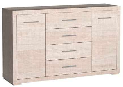 Masseno Kommode Salerno 148 cm Sideboard mit 4 Schubladen und 2 Türen für Wohnzimmer Schlafzimmer Modern 148x40,5x91 cm Eichefarben