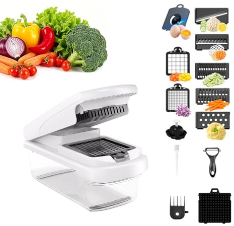 TBATM Corta Verduras Multifuncional 15-en-1, Mandolina de Cocina Manual, Picador de Cebolla con Recipiente, 7 Cuchillas, Pelador & Herramientas de Limpieza para Preparación de Comidas,Blanca