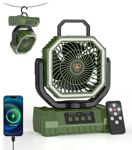 DoXtreme Outdoor Camping Fan with Light, 20000 mAh Camping Fan with Remote Control, Portable Rechargeable, Lamp & Power Bank, 4 Speed, Battery Powered for Tent, Travel, Fishing, RV (Green)