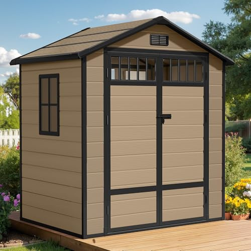 YITAHOME Gerätehaus Kunststoff 182x134x210cm,Gartenhaus Doppeltuer,Braun | Gartenschuppen Fahrradgarage Gartenhütte Werkzeugschuppen Gartenmöbel Unterstand Rasenmäher Unterstellplatz|Abschliessbar