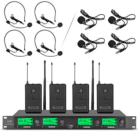 Wireless Microphone System Pro UHF 4 Channel 4 Lavalier Bodypacks 4 Lapel Mic 4 Headsets for Karaoke System Church Speaking Conference Wedding Party