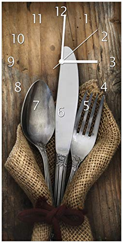 Wallario Design-Wanduhr Besteck Set aus Glas, Motiv-Uhr Größe 30 x 60 cm, weiße Zeiger