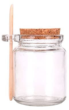1 x leere Glasflasche für Badesalz, 250 ml, Vorratsbehälter, Fläschchen, Spender mit Holzlöffel und Korkverschluss zur Aufbewahrung von Lebensmitteln, Sauce, Pulver, Honig, Nüsse (transparent).
