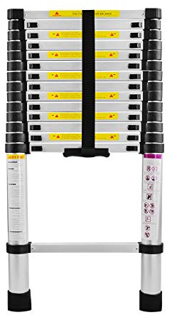 LZQ Teleskopleiter 4,4m Alu Ausziehleiter Mehrzweckleiter, 15 Sprossen - 94cm bis 4,40m Anlegeleiter, 150 kg Belastbarkeit