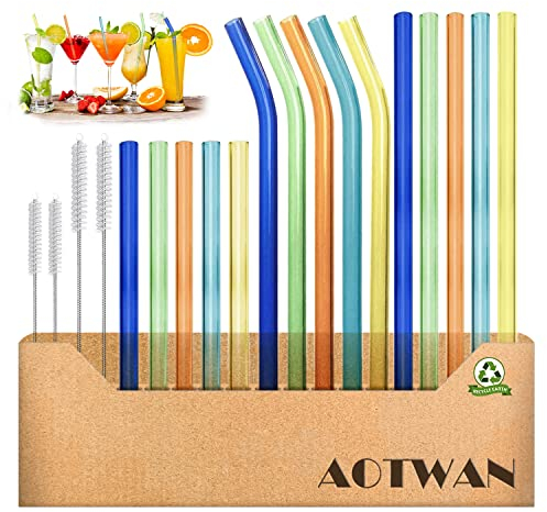 AOTWAN Glasstrohalme Bunt 19 Stück Glas Strohhalme Wiederverwendbar Glasstrohhalme,5 Kurz+5 Lange Geraden Glas-Strohhalme,5 Gebogenem Glas Trinkhalme mit 4 Reinigungsbürsten für Cocktails, Smoothie