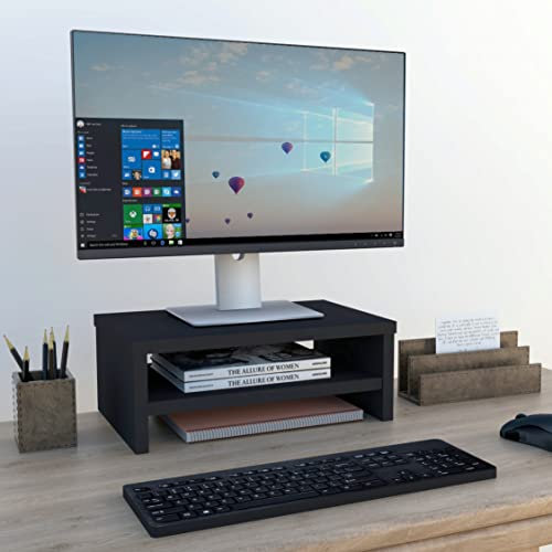 Henor Soporte Monitor de Madera con Estante Intermedio 42 x26.5 x 16 cm. Soporta 50 Kg. Grafito