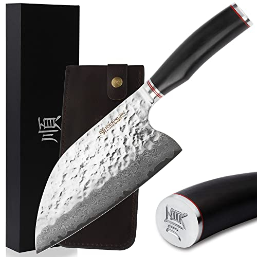 YOUSUNLONG Coltello da macellaio professionale Coltelli per disossare 8 '' Blade - Chopper per coltelli da chef forgiato - Acciaio damasco giapponese - Manico in legno di piombo con pelle