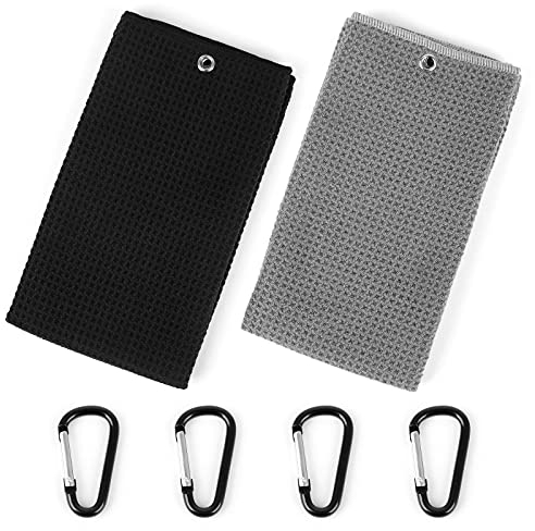 Dadabig 2 Stück Mikrofaser Golf Handtuch mit 4 Stück Clips, 40 * 50cm Golfhandtuch Tri-Fold Golf Handtuch Sporthandtuch Golf Reinigungstuch für Sport Outdoor Fitness Yoga Golf Fahrrad Schwarz/Grau