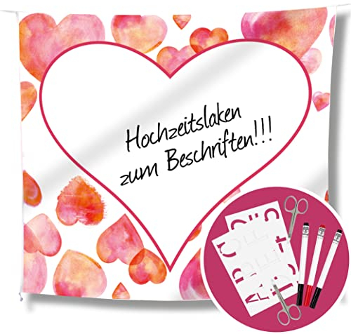 WeddingTree DIY Hochzeitsherz zum Ausschneiden für das Brautpaar und 2 Scheren - Hochzeit Bettlaken zum Beschriften - Laken Hochzeit - Spiel für das Brautpaar - Hochzeitsherz ausschneiden
