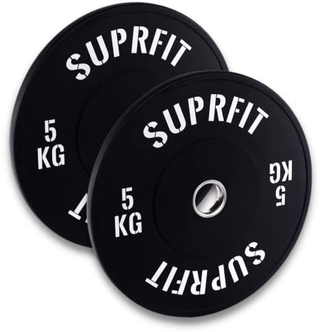 SUPRFIT Gummierte Fitness Bumper Plates 50mm Gewichtsscheiben aus Vollgummigranulat - Gewicht: 2x5 kg, Stoßabsorbierende Hantelscheiben 50mm fürs Hanteltraining, Gewichtscheiben - Farbe: Schwarz/Weiß