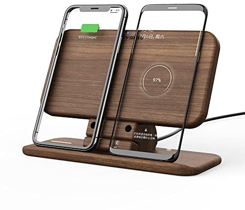 KEYSION Compatible 7,5 W Chargeur sans fil en noyer avec support en bois pour iPhone 15 14 13 12 Pro Max,Charge rapide de 10 W pour Galaxy S24 Ultra S23 S22 Note 20, Xiaomi