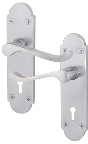 EAI Satin Door Handles for Key Lock - Victorian Scroll Shaped | 1 Pair of Internal Satin Chrome Lever Lock Handles on Backplate