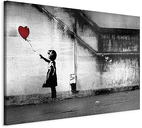 B&D XXL - Wandbild XXL Abstrakt Banksy Girl with red Balloon 60x40 cm 1 tlg - Groß Leinwanbild Kunstdruck Holz Wanddekoration Wand Bild Modern Design Schlafzimmer There is Always Hope i-C-0113-b-a
