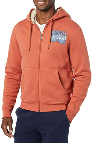 Amazon Essentials Disney | Marvel | Star Wars Felpe con Cappuccio e Zip Intera Foderate in Pile Uomo, Marvel Comic Logo, XL