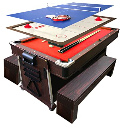 Billardtisch rot 7 FT mit Bänken und Tischhockey und Tischtennistisch und Tischdecke mod. Mattew rot