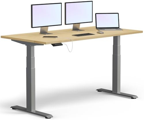 KRIEG HighDesk PRO Höhenverstellbarer Schreibtisch 120 x 80 cm I Silber + Ahorn - Elektrischer Sitz- & Stehtisch mit Tischplatte - Stehschreibtisch Elektrisch Höhenverstellbar