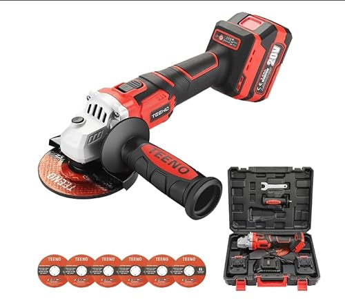 TEENO Brushless Kabelloser Winkelschleifer, Vakuumgeschwindigkeit, 9800 U/min (Ø Schruppscheibe/Schneidscheibe: 125 mm), 2 Lithium-Ionen-Akku 20 V, 3,0 Ahb