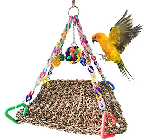 HINAA Parrot Toys Seegras Hängematte Papageien Sitzstangen Kletternetz Vogel Futtersuche Klettern Schaukel Spielzeug für Papageien, Sittiche, Kakadus, Wellensittiche, Huhn, Kornurs